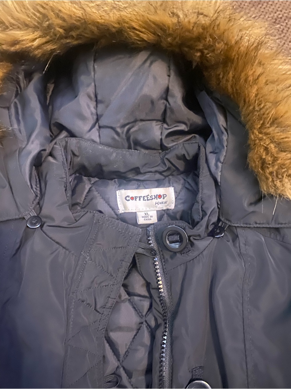 CoffeeShop Kids Navy Puffer Jacket with Brown Faux-Fur Hood